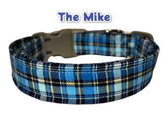 Plaid dog collar, dog collar boy, blue plaid dog collar, side release collar, adjustable collar, washable fabric collar, dad plaid collar