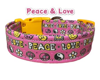 Peace and love dog collar, collar for dogs, girl dog collar, hippy dog collar, quick release collar, adjustable collar, retro dog collar