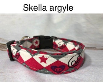 Argyle dog collar, punk dog collar, skull dog collar, pink, white, side release collar, adjustable, washable, girl dog collar, eco friendly