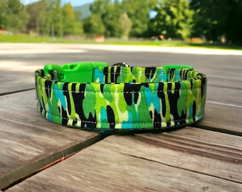 Green and black dog collar, handmade dog collar, fabric dog collar, side release adjustable collar, washable dog collar, custom dog collar