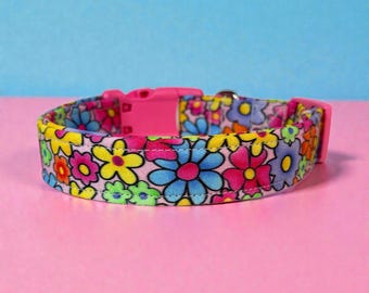 Spring Floral Handmade dog collar: Washable fabric, adjustable side release, webbing core, customizable hardware, wide dog collar