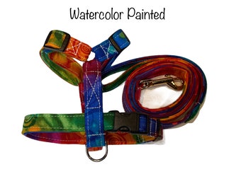 Watercolor dog harness and leash set, adjustable dog harness, standard Roman harness, step in harness, washable dog harness, rainbow, fabric