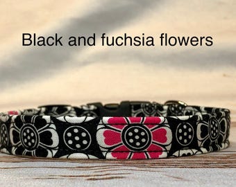 Black and fuchsia floral dog collar, standard adjustable or martingale
