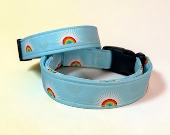 Rainbow handmade dog collar, adjustable side release, washable cotton fabric, webbing core, customizable hardware color
