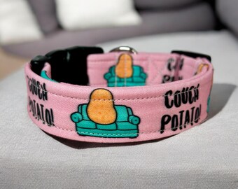 Couch Potato dog collar, funny dog collar, boy dog collar, side release, adjustable, washable, handmade dog collar, custom dog collar