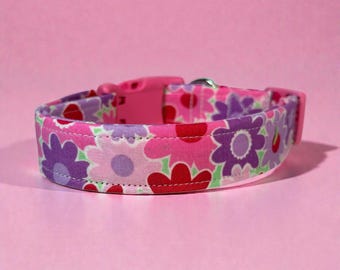 Spring Floral Handmade dog collar: Washable fabric, adjustable side release, webbing core, customizable hardware, wide dog collar