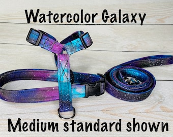 Dog harness, Harness and leash, step in harness, standard harness, dog harness set, galaxy dog harness, adjustable, watercolor galaxy print