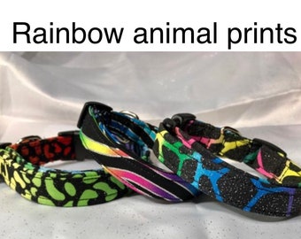 Rainbow animal print dog collar, zebra print, cheetah print, giraffe print, side release collar, adjustable, washable, fabric dog collar