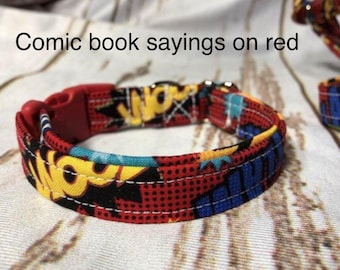 Comic Book Collar for Dogs, Red Adjustable Fabric Design with Side Release