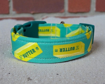 Big Butter Funny Food Dog Collar: Handmade, Washable Fabric, Adjustable Side Release, webbing core, customizable hardware color