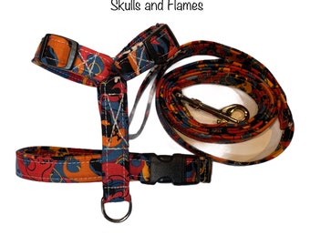Flames and skull dog harness and leash set, adjustable dog harness, standard Roman harness, step in harness, washable dog harness, red, gray