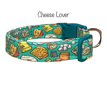 Cheese handmade dog collar, funny food dog collar, side release washable fabric, webbing core, adjustable pet collar, customizable buckle