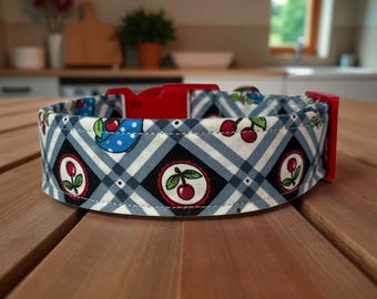 Handmade Country cherries Dog collar, side release washable fabric adjustable pet collar, funny dog collars, Cherry Pet collar