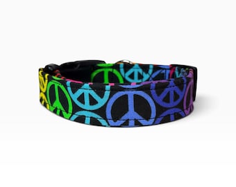 Rainbow Peace Signs handmade dog collar, adjustable side release, washable cotton fabric, webbing core, customizable hardware color