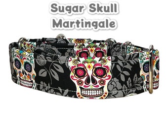 Sugar Skull Martingale collar, dog collar, adjustable martingale collar, choke collar, washable martingale collar, skull martingale collar