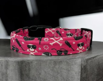 Biker dog collar, funny dog collar, handmade side release dog collar, girl dog collar, boy dog collar, custom adjustable dog collar, skulls
