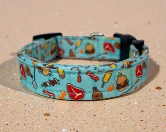 Barbecue Funny Food Dog Collar: Handmade, Washable Fabric, Adjustable Side Release, webbing core, customizable hardware color