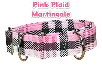 Plaid Martingale dog collar, adjustable martingale dog collar, choke collar, washable martingale collar, Pink Plaid, martingale collar girl