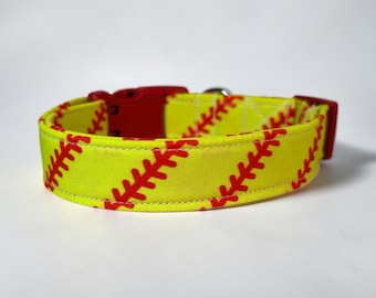 Handmade Softball Stitching Dog Collar: Adjustable Fabric Collar, handmade funny dog collars, side release, washable