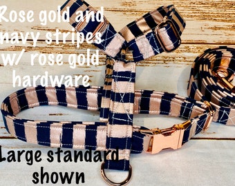 Dog harness, Harness and leash set, step in harness, standard harness, dog harness set, rose gold, striped harness, navy, Rose Gold Hardware