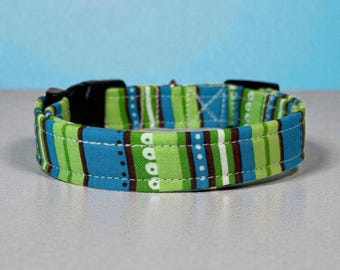 Blue and Green Striped Handmade Dog Collar: Adjustable side release, washable cotton fabric, webbing core, customizable hardware