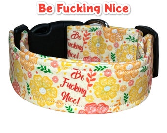 Funny dog collar, cuss word dog collar, wide dog collar, side release, adjustable, washable dog collar, fabric dog collar, be fucking nice