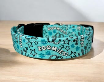Zoomies dog collar, dog collar, handmade side release dog collar, funny dog collar, custom dog collar, washable, adjustable dog collar