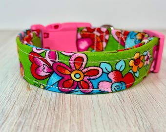 Flowers and mushroom Print Handmade dog collar, adjustable side release, washable cotton fabric, webbing core, customizable hardware color