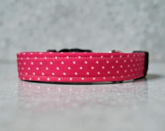 Pink Polka Dot Handmade dog collar: Washable fabric, adjustable side release, webbing core, customizable hardware, wide dog collar