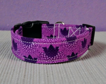 Purple Geometric handmade dog collar, adjustable side release, washable cotton fabric, webbing core, customizable hardware color