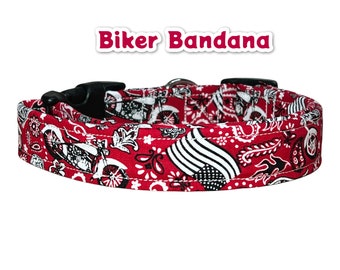 Motorcycle dog collar, bandana print, skull dog collar, adjustable collar, washable, side release collar, fabric dog collar, red, skulls