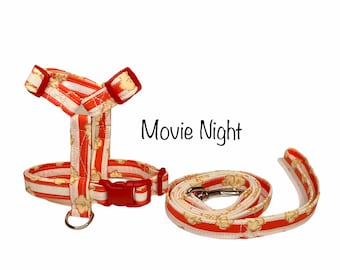Popcorn dog harness and leash set, dog harness, popcorn dog harness, matching leash set, step in harness, standard roman harness, striped