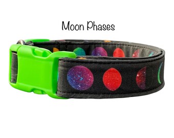 Moon phases dog collar, adjustable collar, side release collar, black, moon, washable collar, fabric dog collar, moon dog collar, unisex