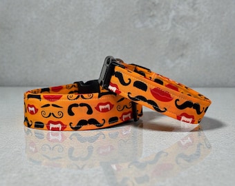 Halloween Mouth and Mustache Funny handmade dog collar, adjustable side release, washable cotton fabric, webbing core, customizable hardware