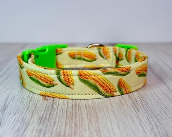 Corn on the Cob Handmade funny food dog collar, adjustable side release, washable cotton fabric, webbing core, customizable hardware color