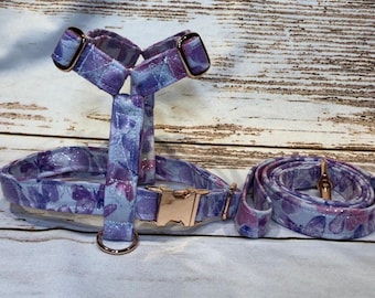 Watercolor Butterflies Dog Harness and Leash Set: Rose Gold Hardware, Funny Handmade Dog Collar, step in or standard roman