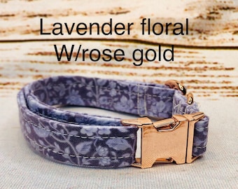 Dog Collar, adjustable collar, metal buckle, martingale, floral dog collar, rose gold hardware, buckle dog collar, lavender, lavender floral