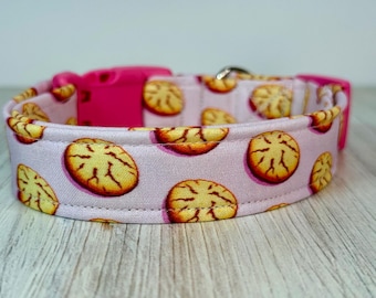 Snickerdoodle cookie Handmade funny food dog collar, adjustable side release, washable cotton fabric, webbing core, customizable hardware