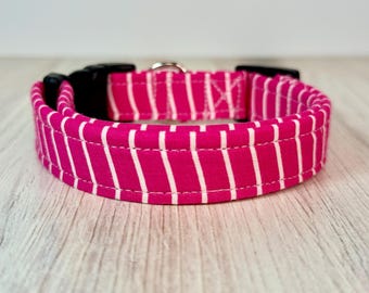 Pink and white striped Handmade dog collar: Washable fabric, adjustable side release, webbing core, customizable hardware color