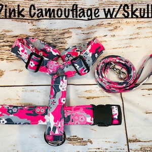 Pink Skull Camo Dog Harness and Leash Set, Funny Handmade Dog Collar