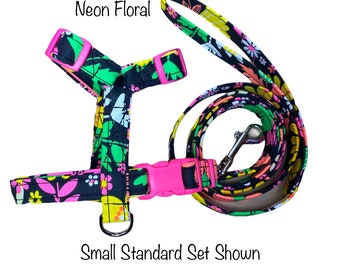 Neon floral dog harness and leash set, standard Roman dog harness, step in dog harness, adjustable, washable, dog harness, floral, neon