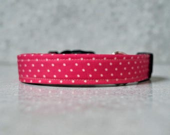 Handmade Dog Collar, Pink Polka Dot Fabric With Adjustable Side Release Buckle