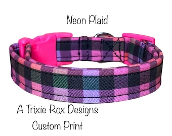 Neon plaid dog collar, girl dog collar, plaid dog collar, neon colors, side release collar, adjustable collar, washable dog collar, plaid