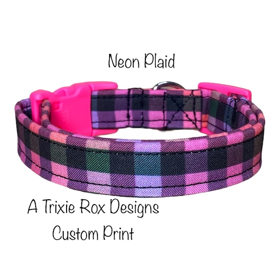 Neon Plaid Dog Collar: Adjustable Side Release, Washable, handmade plaid side release dog collar