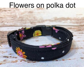 Daisy Dog Collar: Black Floral Fabric, Adjustable Side Release, handmade floral side release dog collar