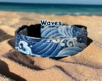 Waves dog collar, ocean themed pet collar, side release adjustable collar, handmade washable fabric dog collar, blue waves with silver