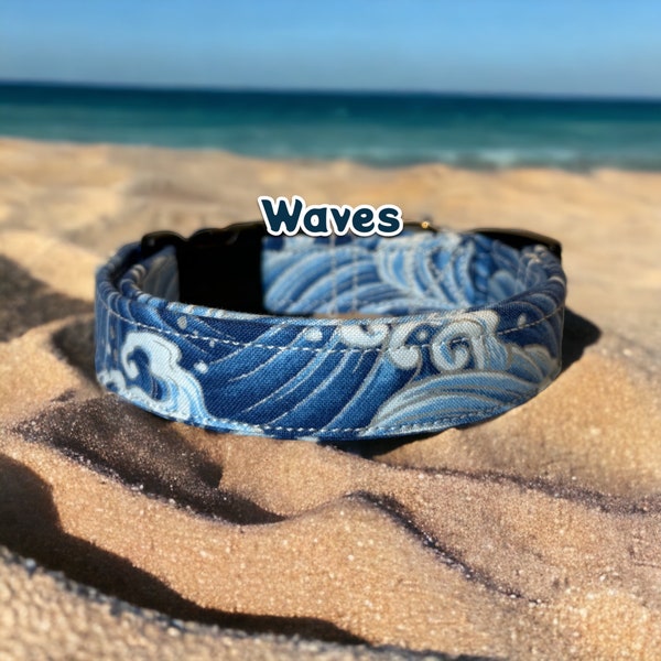 Waves dog collar, ocean themed pet collar, side release adjustable collar, handmade washable fabric dog collar, blue waves with silver