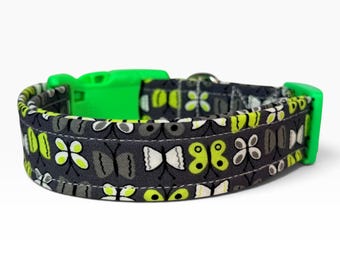 Butterfly handmade Dog Collar:  Adjustable Side Release, washable cotton fabric, webbing core, customizable hardware color