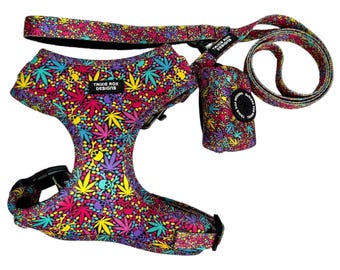 Neoprene Dog Harness, Adjustable Nylon Webbing with Skull and Cannabis Print