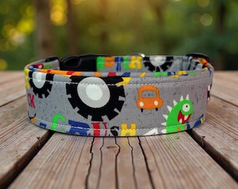 Monsters in trucks handmade dog collar, adjustable side release, washable cotton fabric, webbing core, customizable hardware color